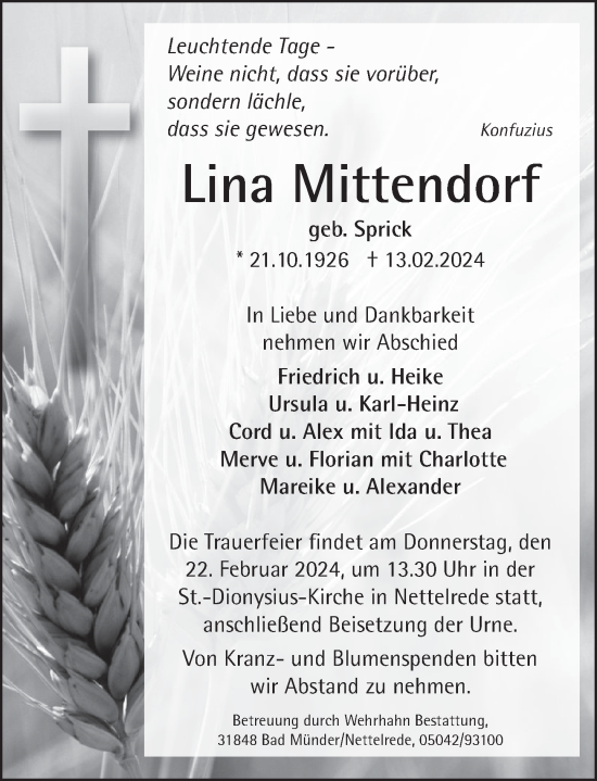 Traueranzeige von Lina Mittendorf von Neue Deister-Zeitung