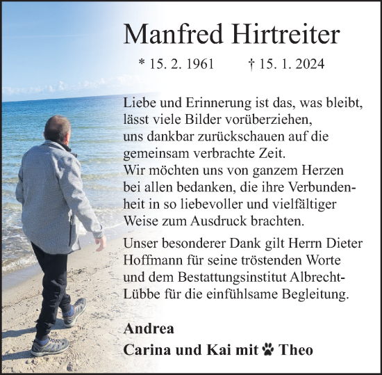 Traueranzeige von Manfred  Hirtreiter von Deister- und Weserzeitung