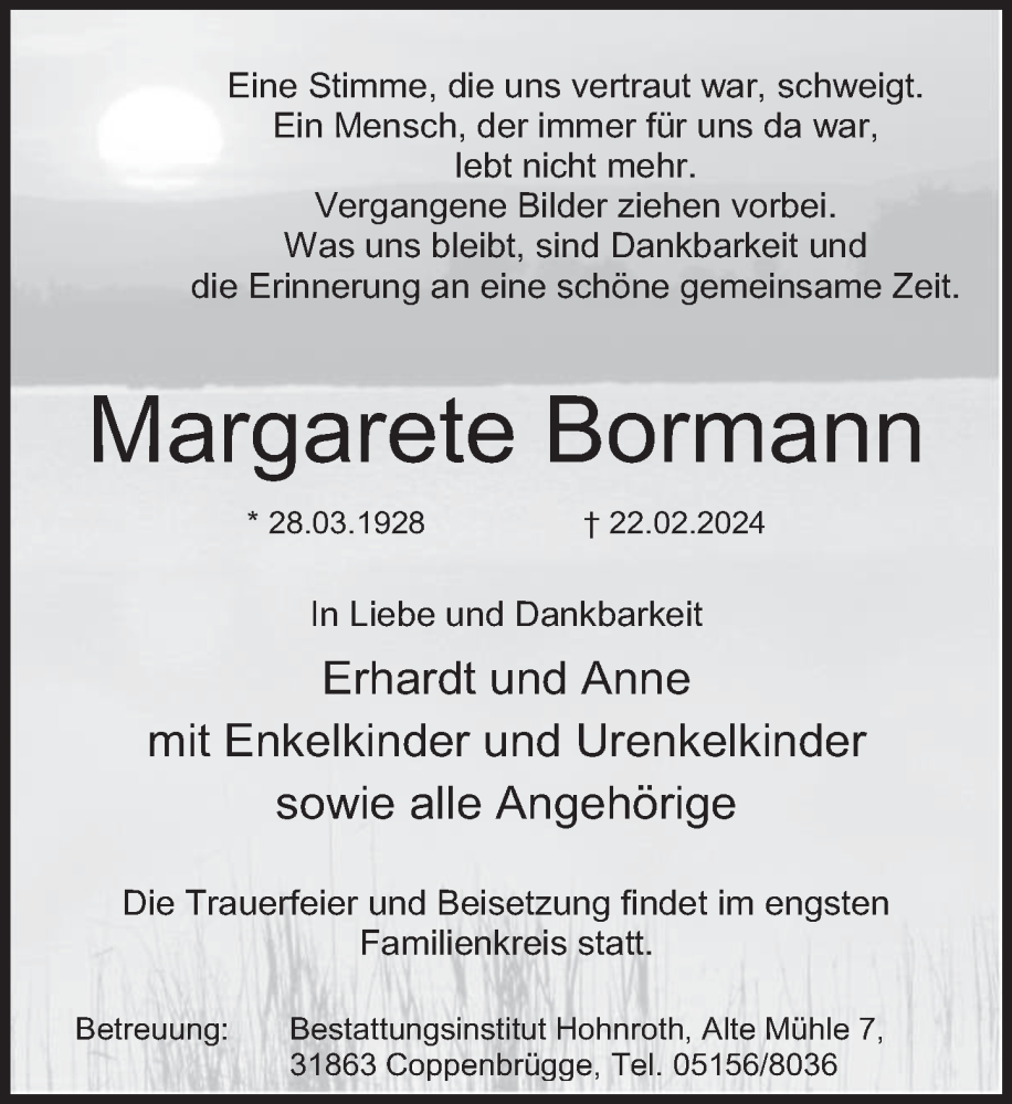 Traueranzeige für Margarete Bormann vom 02.03.2024 aus Deister- und Weserzeitung