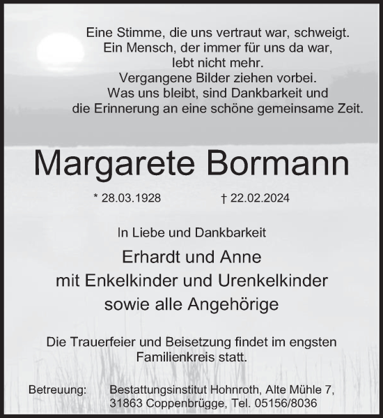 Traueranzeige von Margarete Bormann von Deister- und Weserzeitung