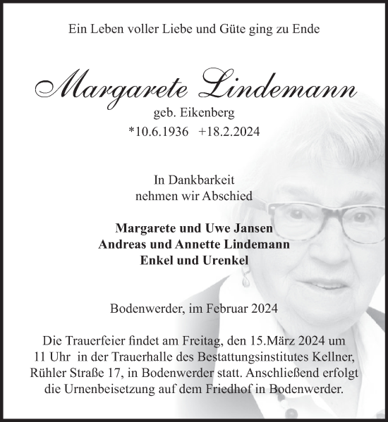 Traueranzeige von Margarete Lindemann von Deister- und Weserzeitung