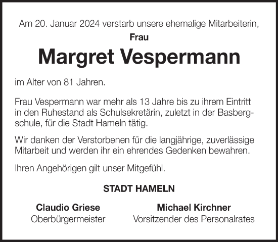 Traueranzeige von Margret Vespermann von Deister- und Weserzeitung