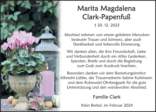 Traueranzeige von Marita Magdalena Clark-Papenfuß von Deister- und Weserzeitung