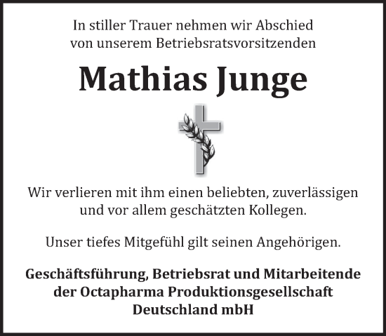 Traueranzeige von Mathias Junge von Deister- und Weserzeitung
