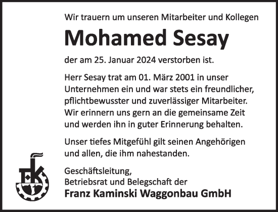 Traueranzeige von Mohamed Sesay von Deister- und Weserzeitung