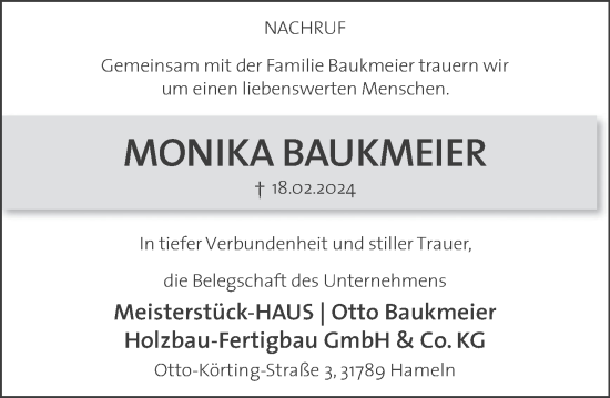 Traueranzeige von Monika Baukmeier von Deister- und Weserzeitung