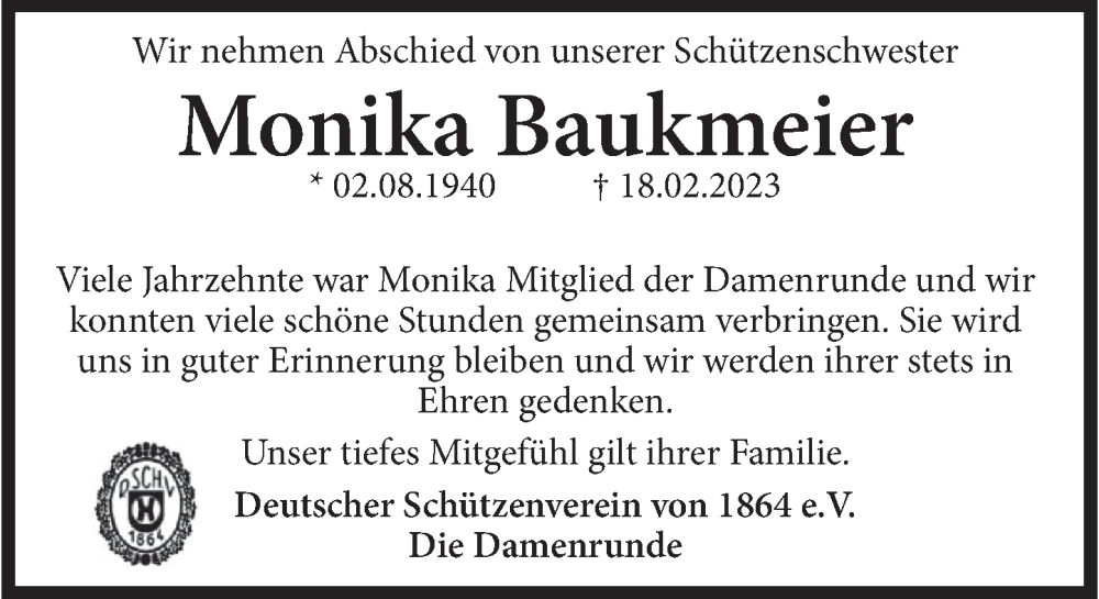  Traueranzeige für Monika Baukmeier vom 02.03.2024 aus Deister- und Weserzeitung