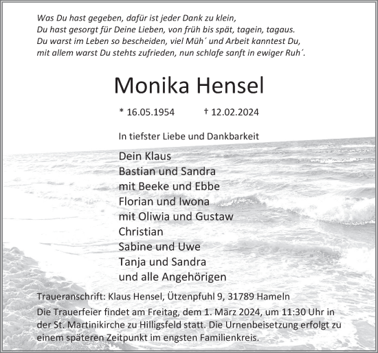 Traueranzeige von Monika Hensel von Deister- und Weserzeitung