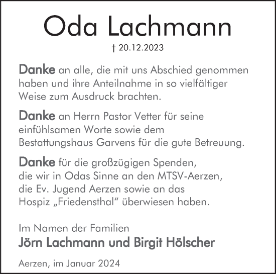 Traueranzeige von Oda Lachmann von Deister- und Weserzeitung