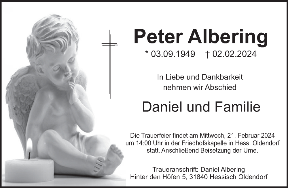  Traueranzeige für Peter Albering vom 10.02.2024 aus Deister- und Weserzeitung
