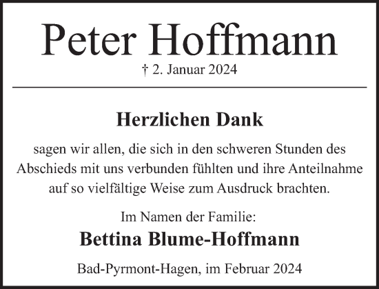 Traueranzeige von Peter Hoffmann von Deister- und Weserzeitung