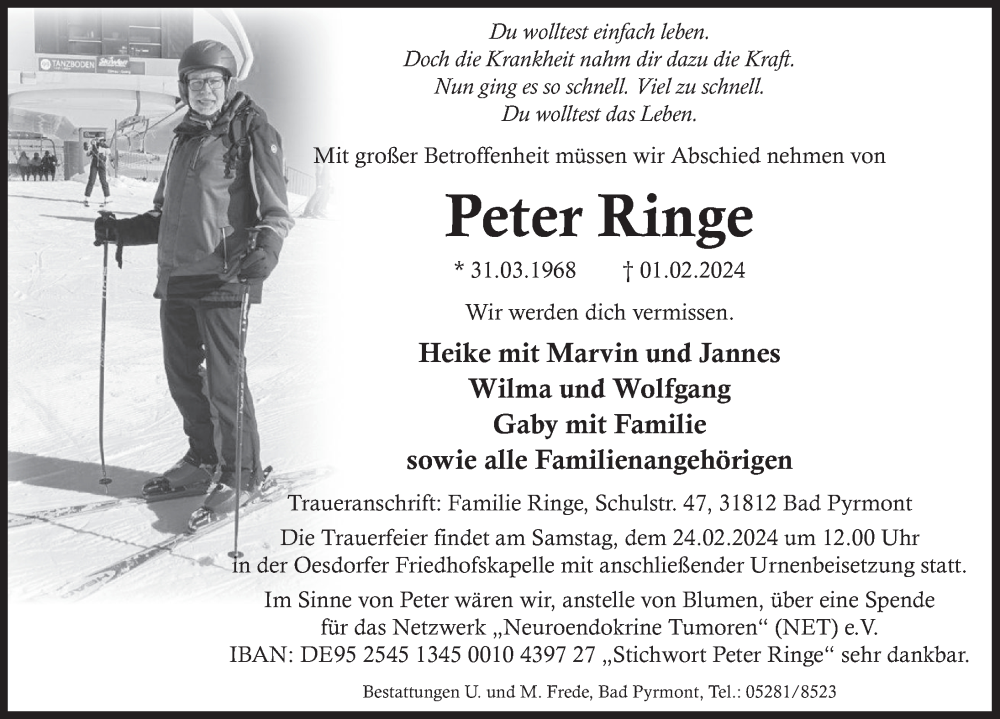  Traueranzeige für Peter Ringe vom 17.02.2024 aus Deister- und Weserzeitung