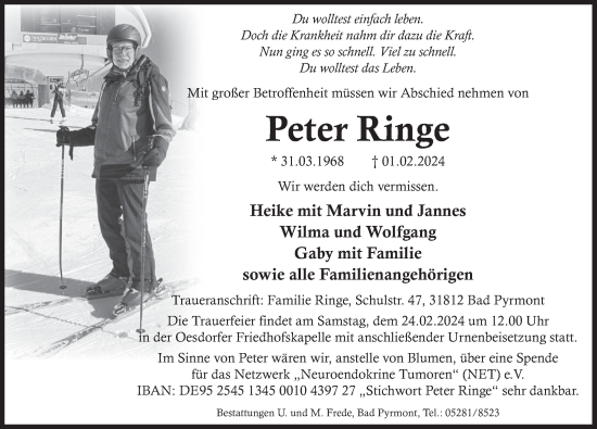 Traueranzeige von Peter Ringe von Deister- und Weserzeitung