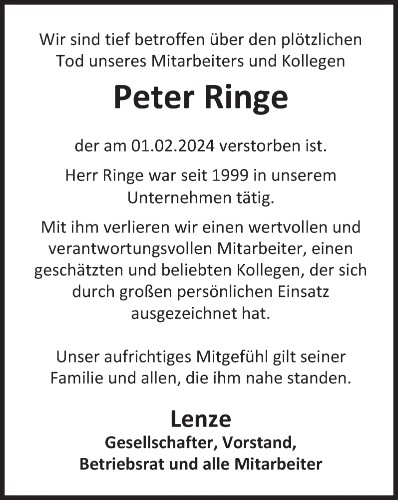  Traueranzeige für Peter Ringe vom 24.02.2024 aus Deister- und Weserzeitung