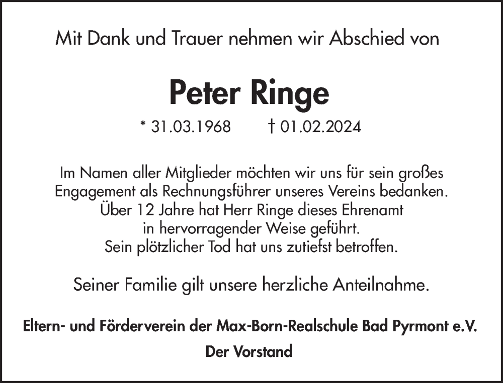  Traueranzeige für Peter Ringe vom 21.02.2024 aus Deister- und Weserzeitung