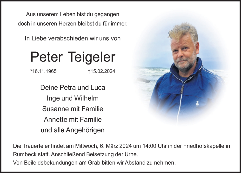  Traueranzeige für Peter Teigeler vom 24.02.2024 aus Deister- und Weserzeitung