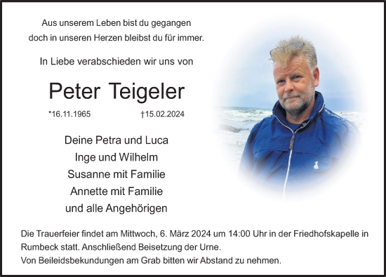 Traueranzeige von Peter Teigeler von Deister- und Weserzeitung