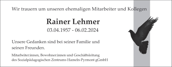 Traueranzeige von Rainer Lehmer von Deister- und Weserzeitung