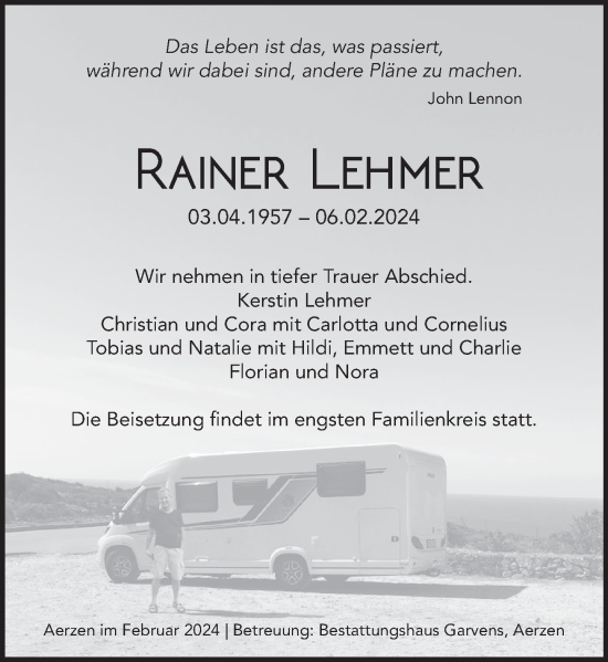 Traueranzeige von Rainer Lehmer von Deister- und Weserzeitung