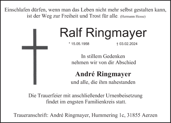Traueranzeige von Ralf Ringmayer von Deister- und Weserzeitung