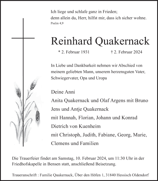 Traueranzeige von Reinhard Quakernack von Deister- und Weserzeitung