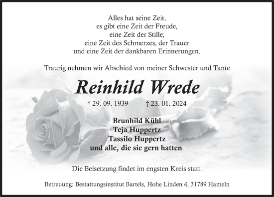 Traueranzeige von Reinhild Wrede von Deister- und Weserzeitung