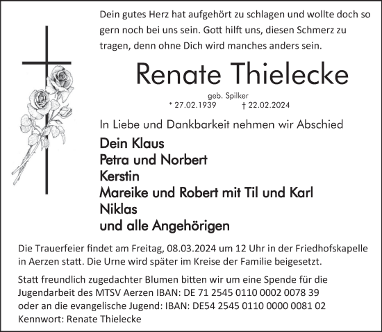 Traueranzeige von Renate Thielecke von Deister- und Weserzeitung