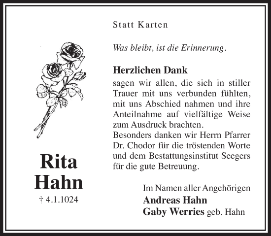 Traueranzeige von Rita Hahn von Deister- und Weserzeitung