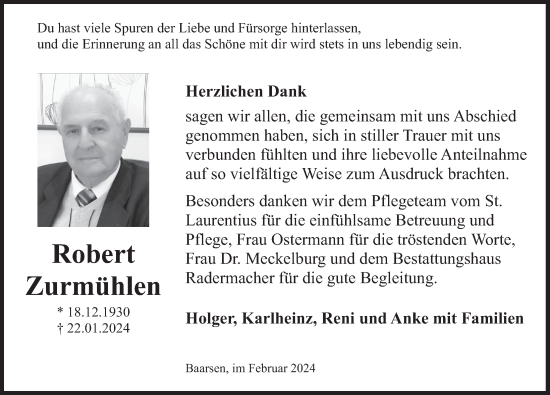 Traueranzeige von Robert Zurmühlen von Deister- und Weserzeitung