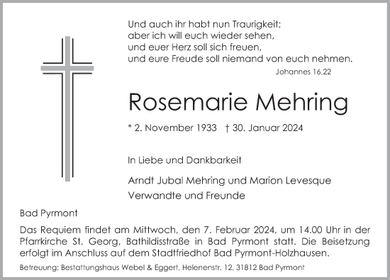 Traueranzeige von Rosemarie Mehring von Deister- und Weserzeitung