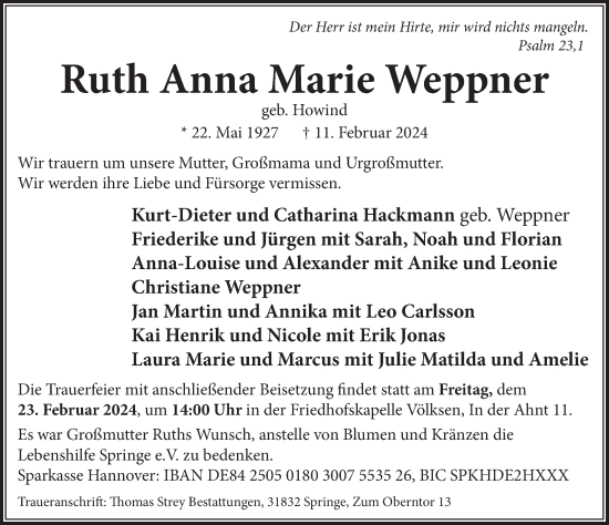 Traueranzeige von Ruth Anna Marie Weppner von Neue Deister-Zeitung