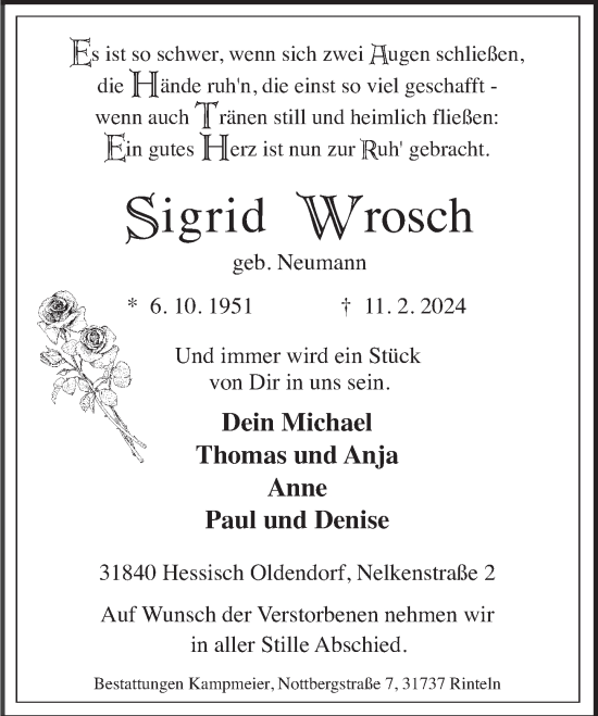 Traueranzeige von Sigrid Wrosch von Deister- und Weserzeitung