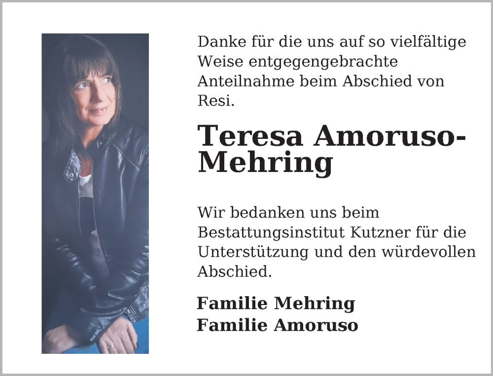  Traueranzeige für Teresa Amoruso-Mehring vom 29.02.2024 aus Deister- und Weserzeitung