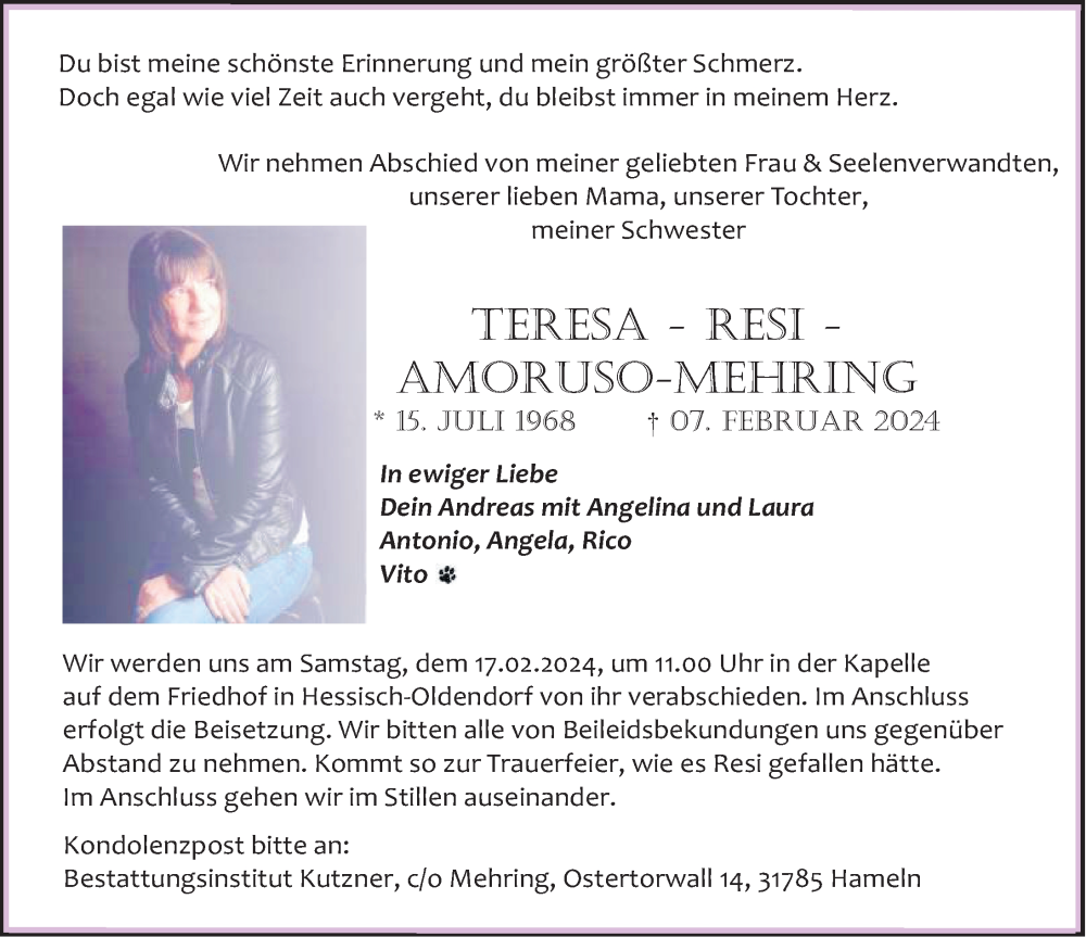 Traueranzeige für Teresa Amoruso-Mehring vom 15.02.2024 aus Deister- und Weserzeitung