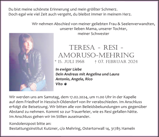 Traueranzeige von Teresa Amoruso-Mehring von Deister- und Weserzeitung