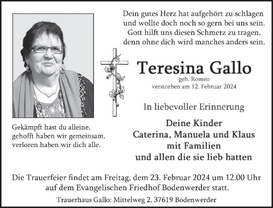 Traueranzeige von Teresina Gallo von Deister- und Weserzeitung