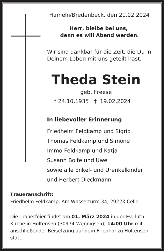 Traueranzeige von Theda Stein von Deister- und Weserzeitung