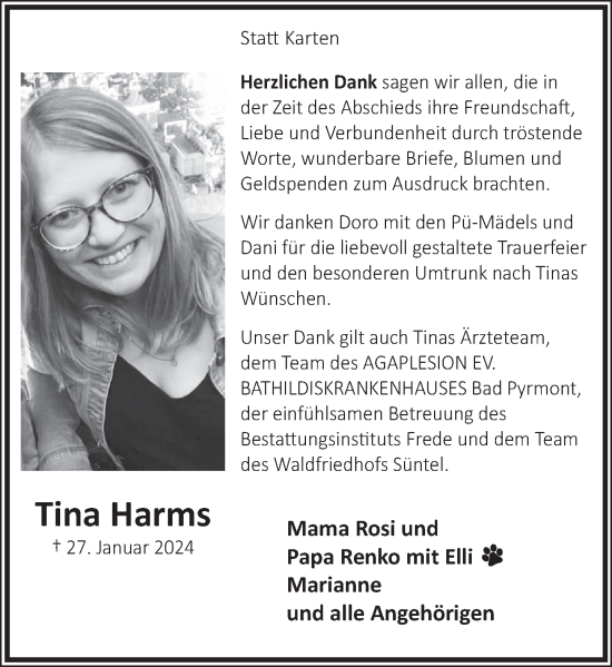 Traueranzeige von Tina Harms von Deister- und Weserzeitung