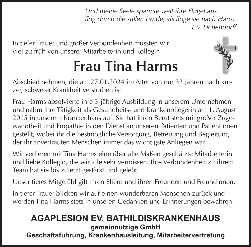  Traueranzeige für Tina Harms vom 03.02.2024 aus Deister- und Weserzeitung