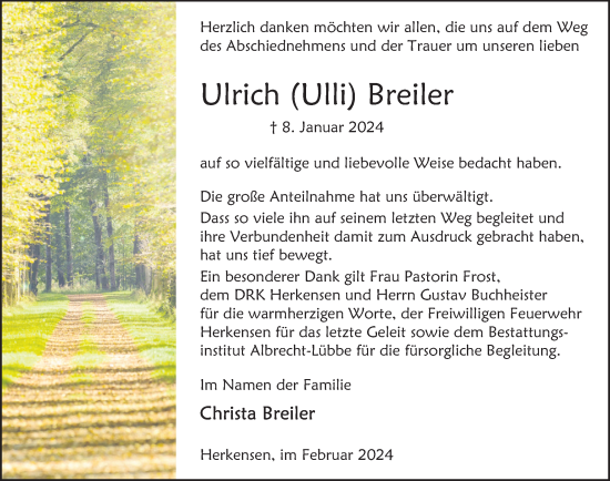 Traueranzeige von Ulrich Breiler von Deister- und Weserzeitung