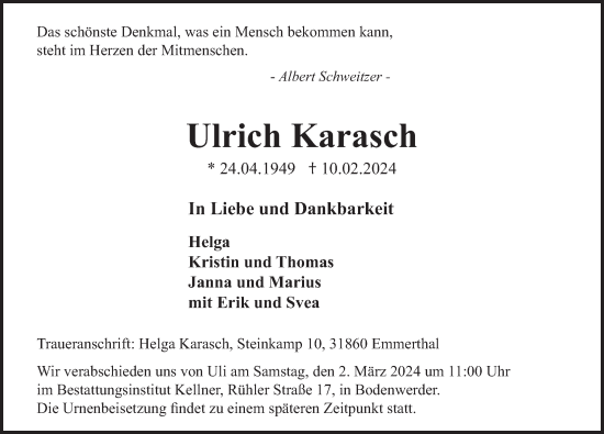 Traueranzeige von Ulrich Karasch von Deister- und Weserzeitung