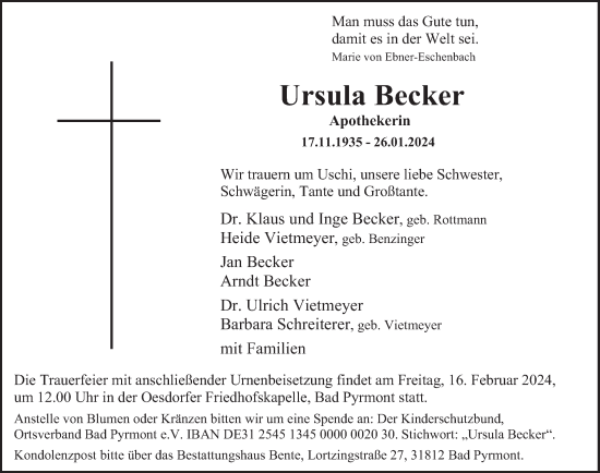 Traueranzeige von Ursula Becker von Deister- und Weserzeitung