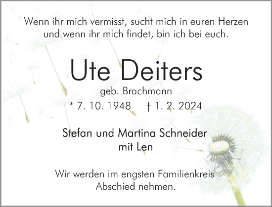 Traueranzeige von Ute Deiters von Deister- und Weserzeitung