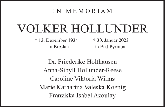 Traueranzeige von Volker Holunder von Deister- und Weserzeitung