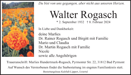 Traueranzeige von Walter Rogasch von Deister- und Weserzeitung