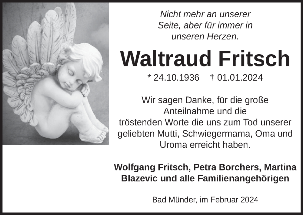  Traueranzeige für Waltraud Fritsch vom 10.02.2024 aus Neue Deister-Zeitung