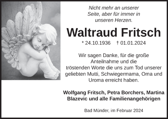 Traueranzeige von Waltraud Fritsch von Neue Deister-Zeitung