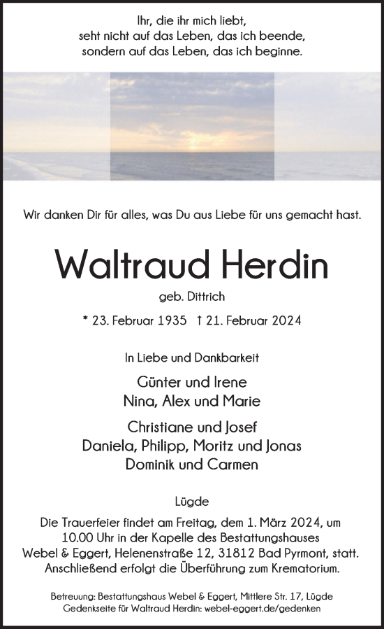 Traueranzeige von Waltraud Herdin von Deister- und Weserzeitung