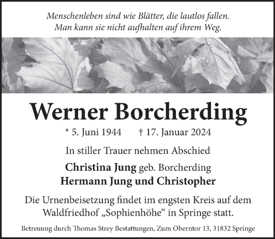 Traueranzeige von Werner Borcherding von Neue Deister-Zeitung