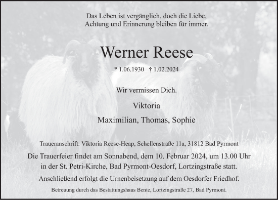 Traueranzeige von Werner Reese von Deister- und Weserzeitung